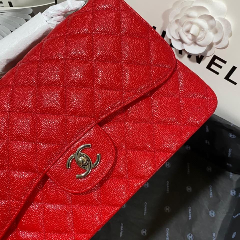 Ch*el classic flap jumbo 30cm cf red silver7.6 × 11.7 × 3.9 in