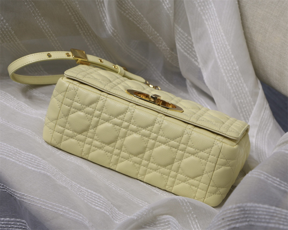 medium d*or caro bag light yellow S*pple cannage calfskin 25.5 x 15.5 x 8 cm