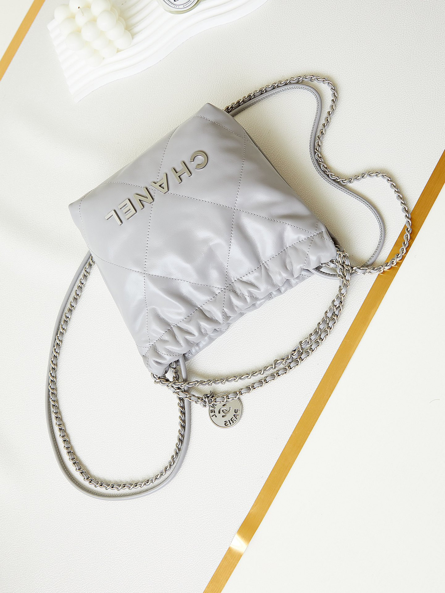 Ch*el 22 mini handbag shiny calfskin grey 7.8 × 7.4 × 2.3 in