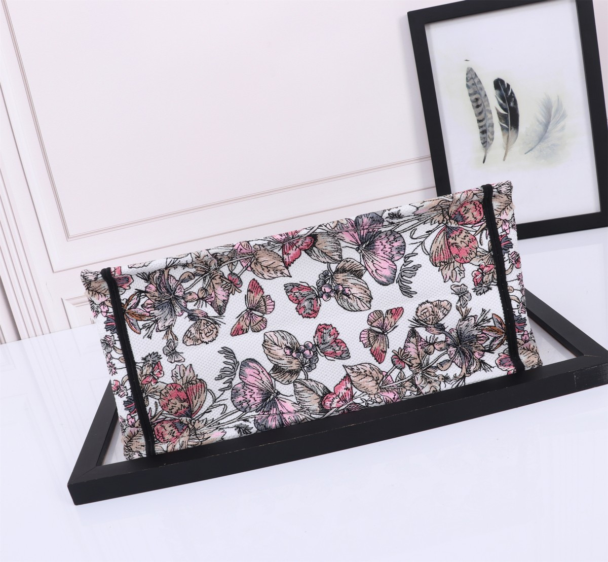 medium D*or book tote white and pastel pink butterfly around the world embroidery 14 x 11 x 6.5 inches