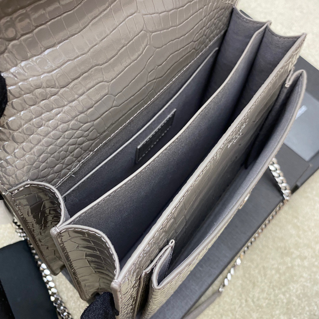 Y*L sunset medium in crocodile-embossed leather gray 8 x 6.2 x 2.5 inches