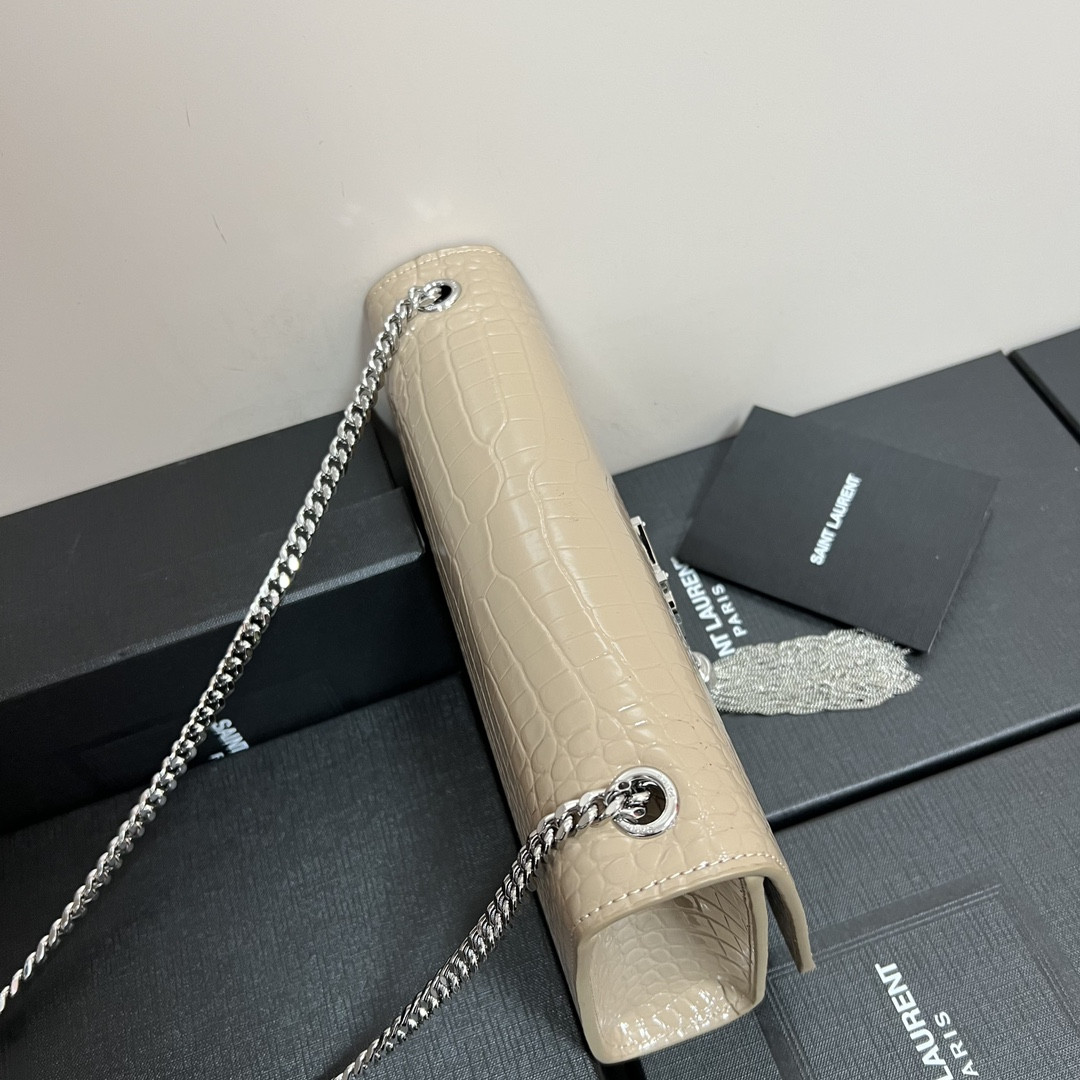 Y*L kate medium tassel in crocodile-embossed leather beige 9.4 x 5.7 x 2.1 inches