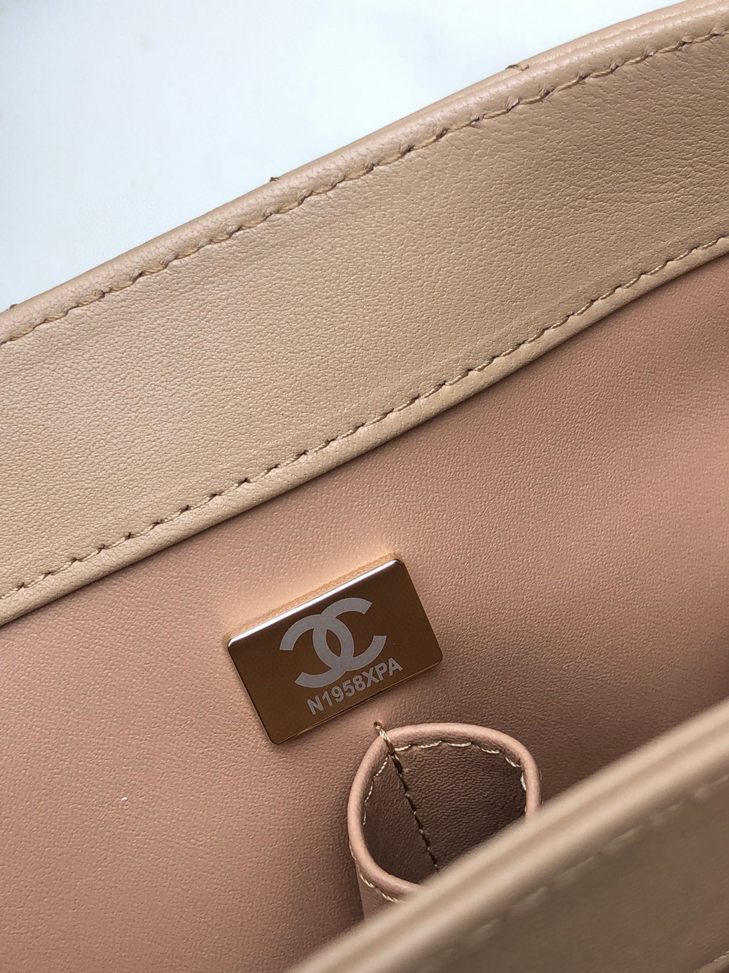 Ch*el flap bag with top handle beige 6.6 × 9.8 × 4.7 in