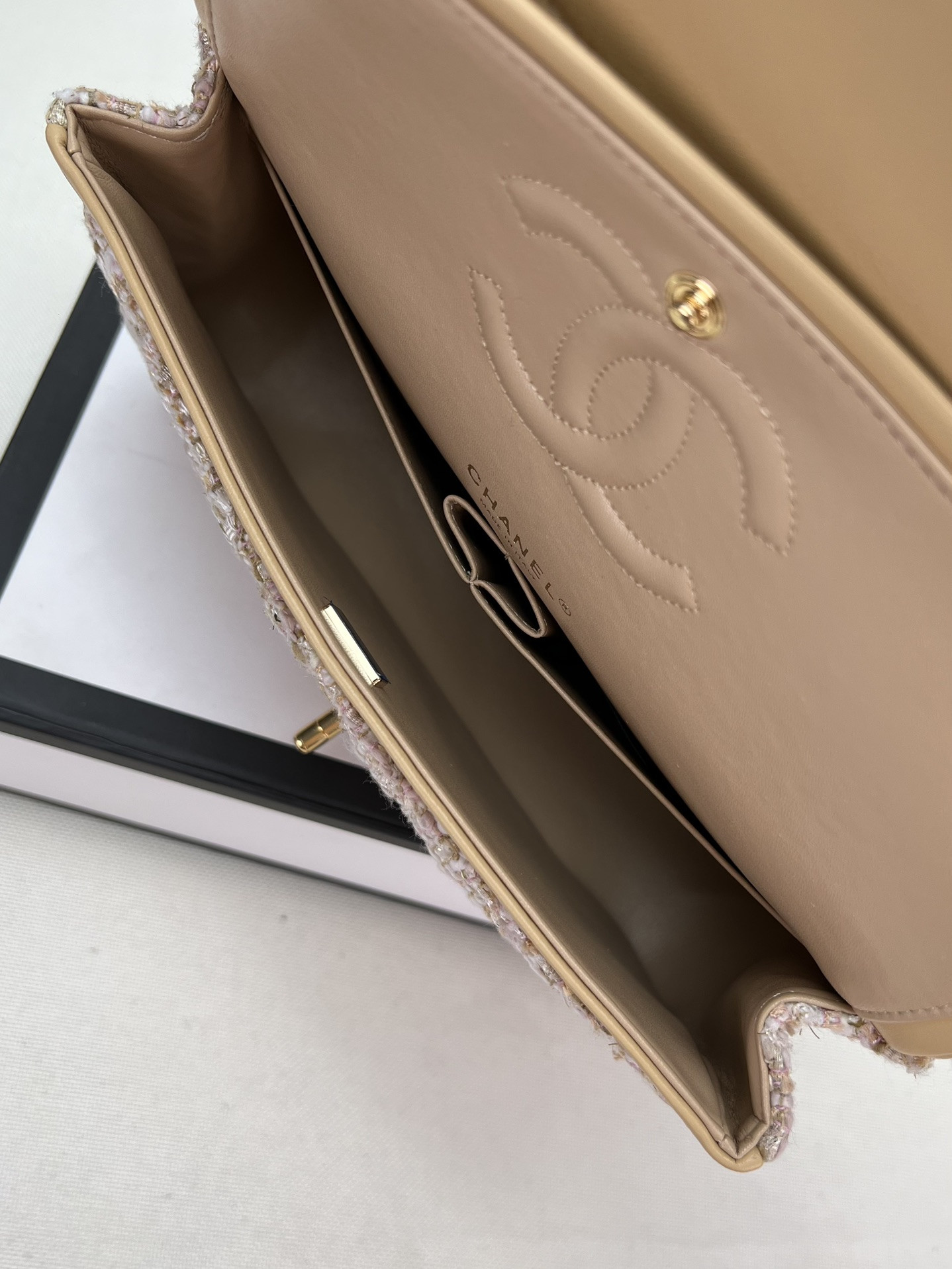 Ch*el classic 11.12 handbag tweed & gold-tone metal 6 × 9.9 × 2.5 in