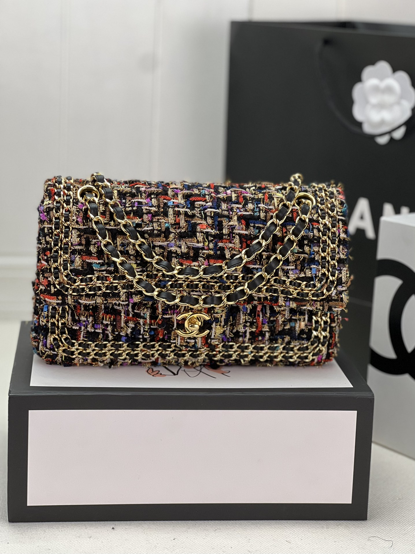 Ch*el classic 11.12 handbag tweed & gold-tone metal 6 × 9.9 × 2.5 in